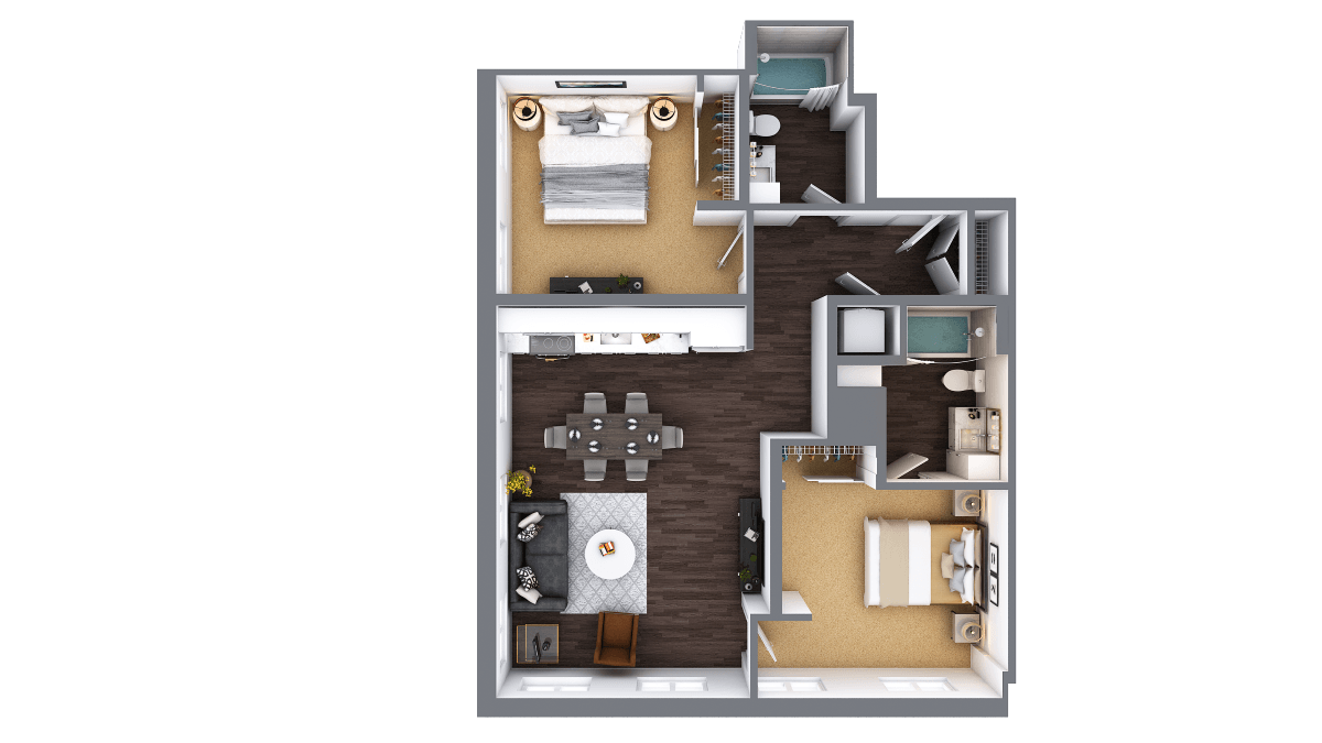 Floor plan for 2 beds, 2 baths, 975 sqft